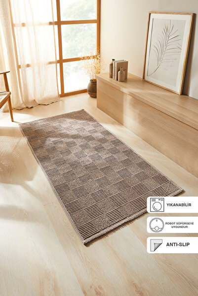 Ocean Home Textile Yıkanabilir Pamuklu Bej Renk Dama Desen Kilim