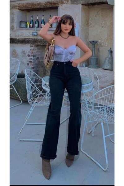 ByCukurovaFrango By-1068 Jeans Black High Waist Boyfriend Wide-Leg Denim Pants