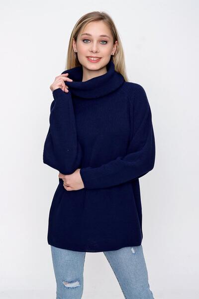 CHUBA Navy Blue Degaje Collar Long Thessaloniki Knitwear Women's Sweater - 22Wk258