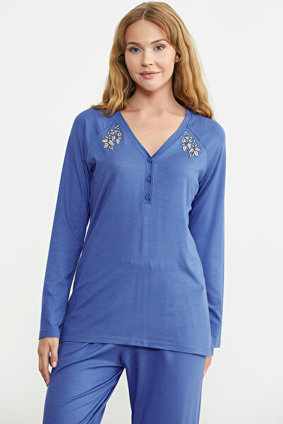 Sementa Nakış Detaylı  Düğmeli Pijama Takım - Mavi