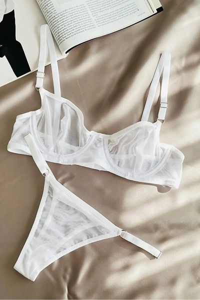 MILANOFOX Women's White Comfort Tulle Underwire Underwear Bra Thong Set