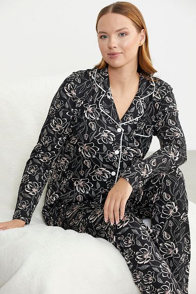 Sementa Set pijama cu nasturi guler cămașă - negru