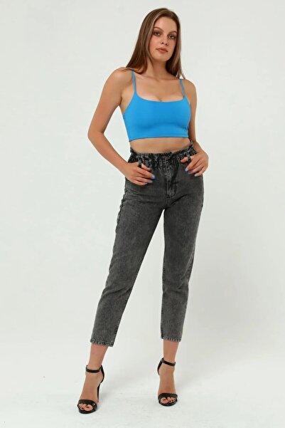 ByCukurovaFrango BY-3094 Τζιν Μαύρο Παντελόνι με Ψηλόμεση Ζώνη και Κορδόνι Πε...