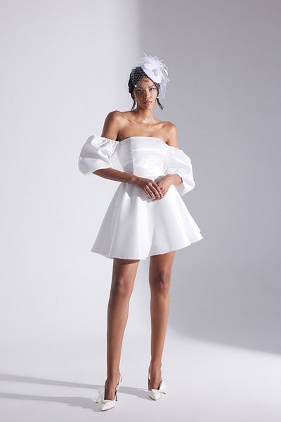 BETTY & SAM Tiana White Balloon Low Sleeve Flounced Mini after Party Dress