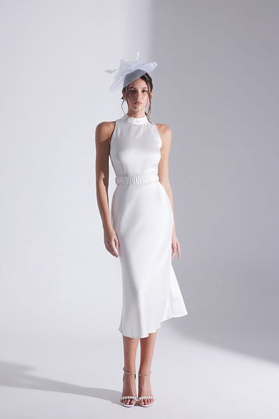 BETTY & SAM Si̇ena Sleeveless Dominant Collar White Satin Night Dress