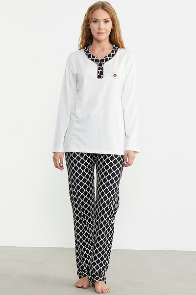 Sementa Ecru Colored Double Colored Checkered Pajama Set