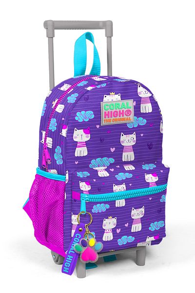 Coral High Rucsac Little Nest Squeegee, cu model de pisică violet, roz, două compartimente 24002