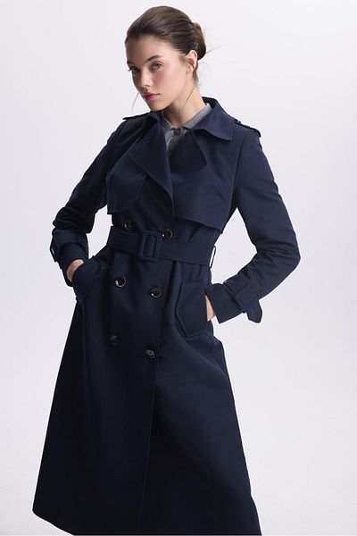 Zühre Jacket Collar Sleeve Detailed Navy Blue Trench Coat 12667