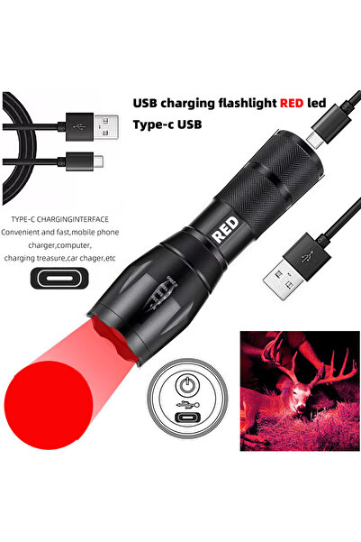 Choice مصباح يدوي تكتيكي قابل لإعادة الشحن من نوع USB-C مزود بإضاءة LED حمراء، أسود اللون، مزود بشحن مباشر.