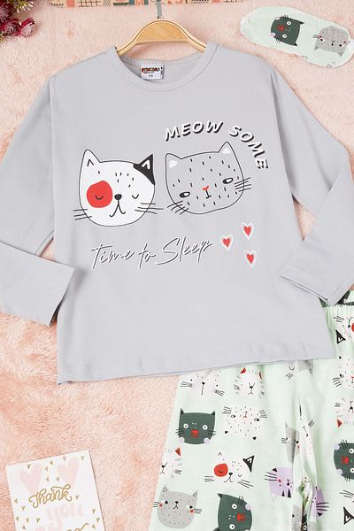 Cansın Mini Meow Cat Print Girl's Pajama Set 16333