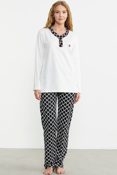 Sementa Ecru Colored Double Colored Checkered Pajama Set