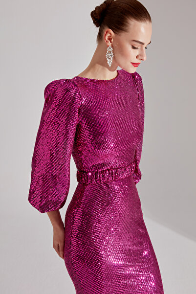 BETTY & SAM GRACE Işıltılı Payetli FUŞYA Balon Kol Maxi Boy Gece Elbisesi