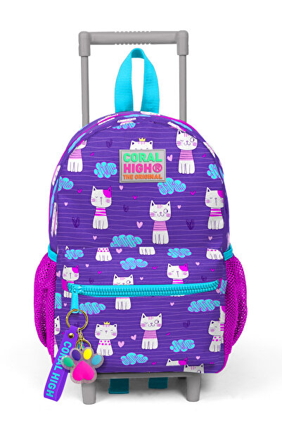 Coral High Minik Yuva Çekçekli Sırt Çantası Mor Pembe Kedi Desenli Iki Bölmeli 24002