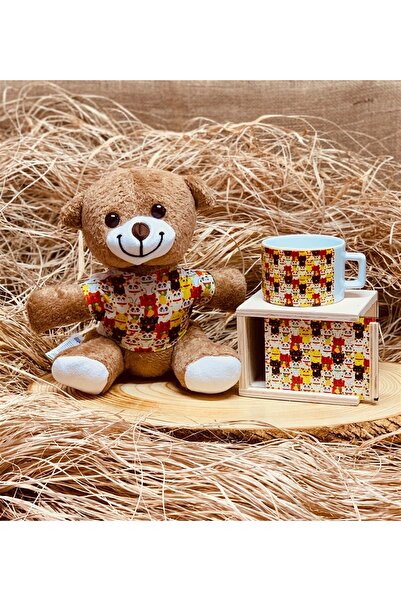 Gift Moda Paws and Claws, Cat Designed Plush Teddy Bear and Mug with Wooden Box