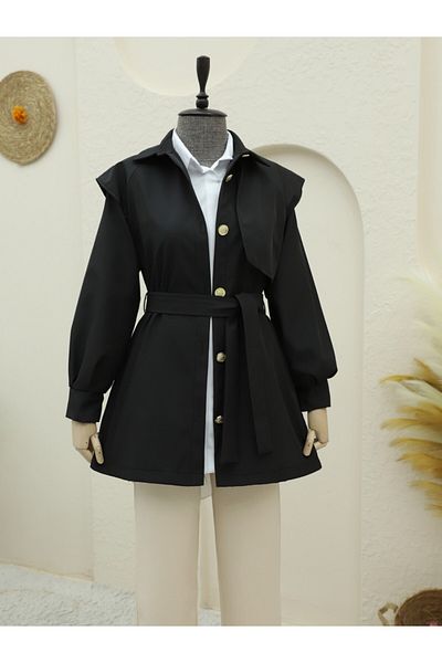 Modamorfo Double Button Belted Trench Coat with Brooch Button -Black