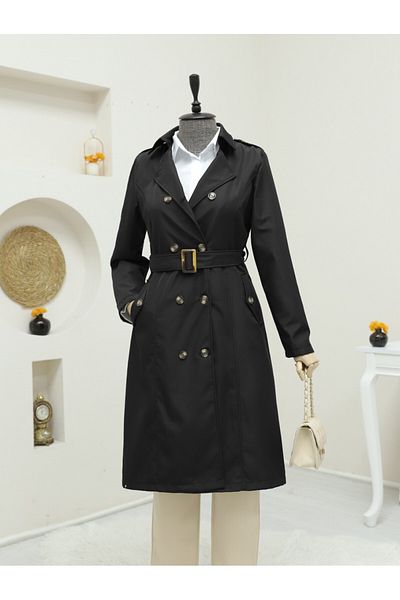 Modamorfo Intermediate Trench Coat with Buttoned Belt -Black