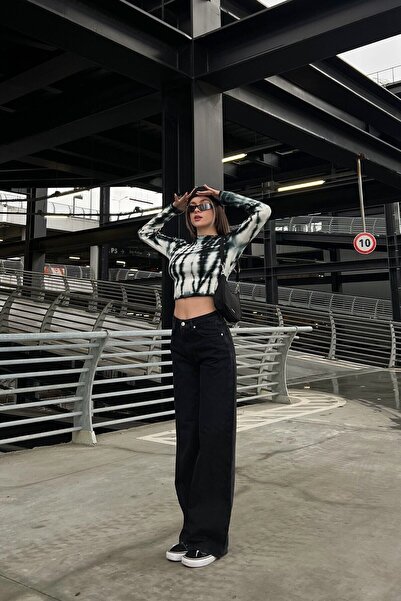 ByCukurovaFrango Blacklycra Supper Extra High Waist Palazzo Loose Jeans