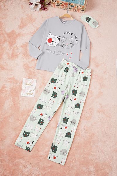 Cansın Mini Meow Cat Print Girl's Pajama Set 16333