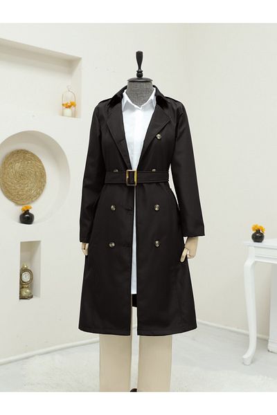 Modamorfo Intermediate Trench Coat with Buttoned Belt -Black