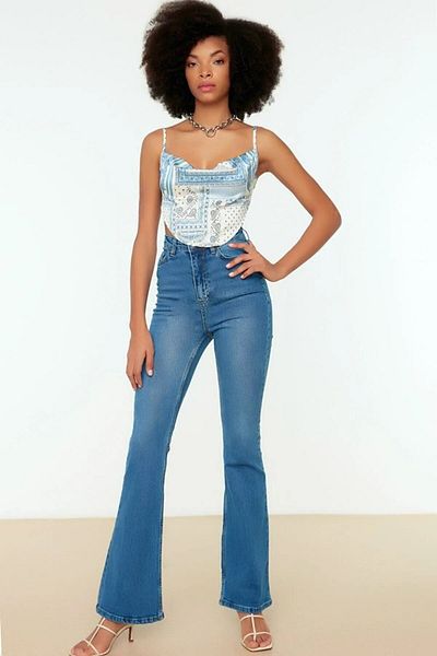 MAKRAS EXCLUSIVE Blugi largi de damă cu talie înaltă, albastră, spălat cu zăpadă Pantaloni elastici Palazzo din denim 2024