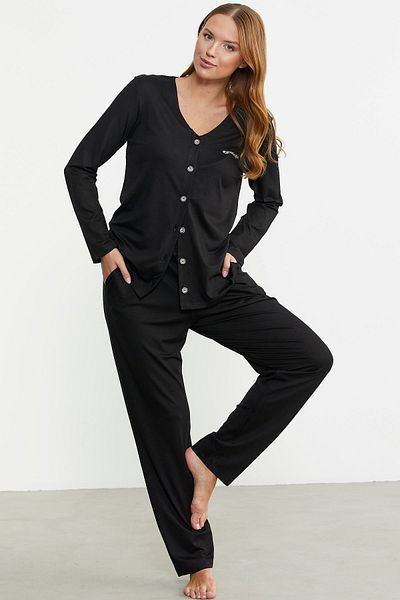 Sementa Front Buttoned Comfortable Fit Pajama Set - Black