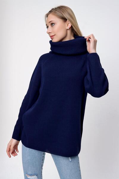CHUBA Navy Blue Degaje Collar Long Thessaloniki Knitwear Women's Sweater - 22Wk258