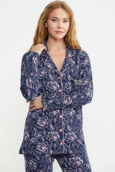 Sementa Navy Blue Shirt Collar Buttoned Pajama Set