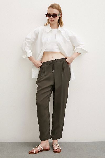 Never more Khaki Colored Pipe Leg, Elastic Waist Trousers