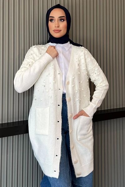 julude Cardigan de tricotaj Hijab cu perle crem