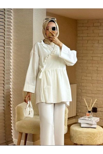 Modamorfo Leinen-Kimono – Rüschenkragen und seitliche Bindung, Ecru