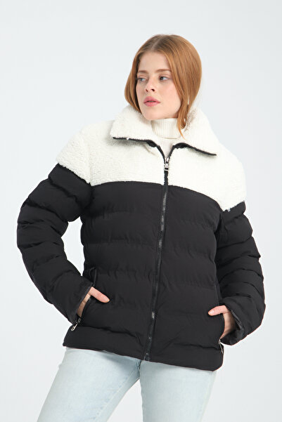 ESPİNA Women's Parachute Fabric Pockets with Zippered Inner Pocket Fur Puffer Jacket