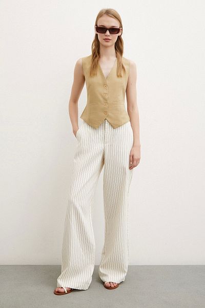 Never more High Waist Wide Leg Striped Trousers - Ecru
