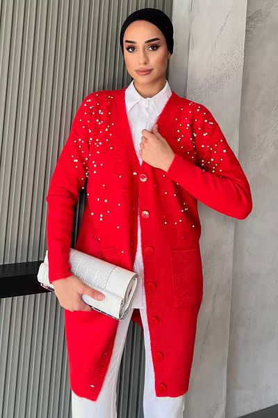 julude Red Pearl Detailed Hijab Sweater Cardigan