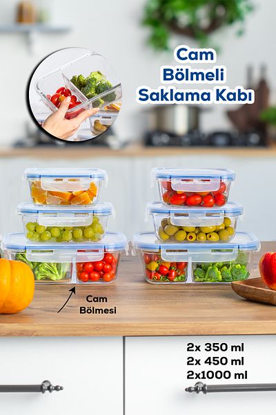 Porsima Por Locked Multi-Purpose Glass 6-Piece Food Storage Container Set with Leak-Proof Lid - 1000-450-350ml