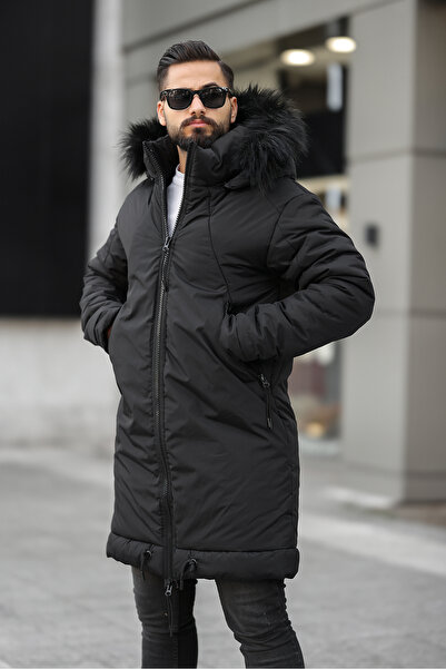 RHONES Pánský dlouhý kabát s kožíškem s kapucí