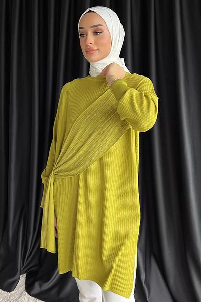julude Oilgreen Crew Neck Stone Λεπτομερής χιτζάμπ τουνίκ