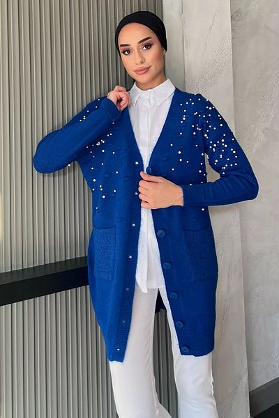 julude Saks Blue Pearl Λεπτομερής Hijab Knitwear Cardigan