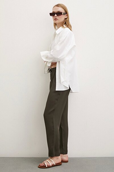 Never more Khaki Colored Pipe Leg, Elastic Waist Trousers