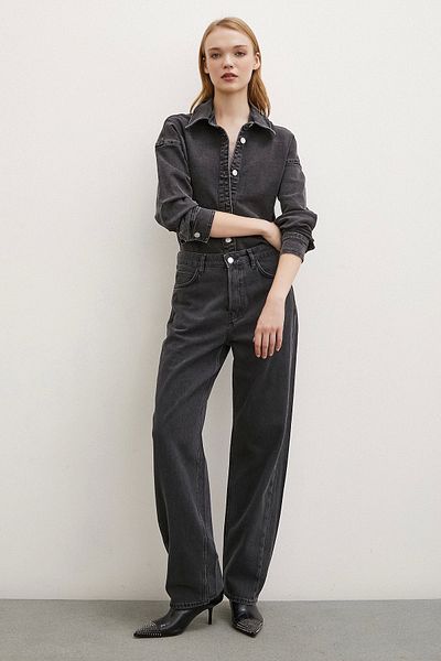Never more High Waist Button Closure Mom Jean Black
