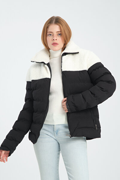 ESPİNA Women's Parachute Fabric Pockets with Zippered Inner Pocket Fur Puffer Jacket