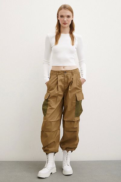 Never more Khaki Colored Parachute Fabric - Elastic Waist and Cargo Pocket Trousers