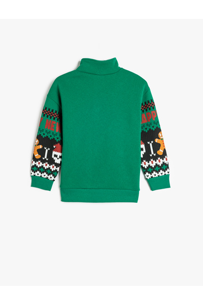 Koton Dik Yaka Yarım Fermuarlı Pamuklu Kuru Kafa Baskılı Şardonlu Sweatshirt