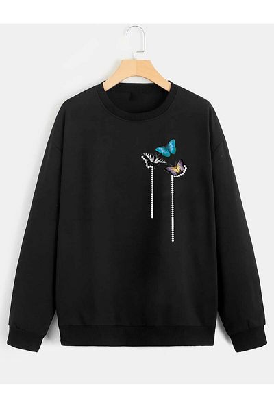 Pink Sky Women's Butterfly Printed Oversize Sweatshirt