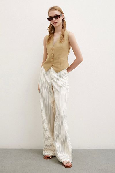 Never more High Waist Wide Leg Striped Trousers - Ecru