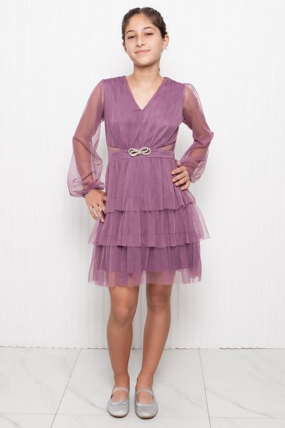 Modaviki Stone Accessory Detailed Tulle Children's Evening Dress Lilac Mdv358