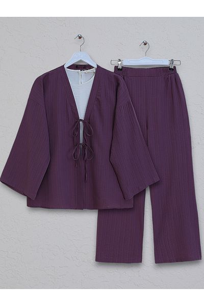 Modamorfo Crinkle Set with Double Lace-Up Trousers - Plum
