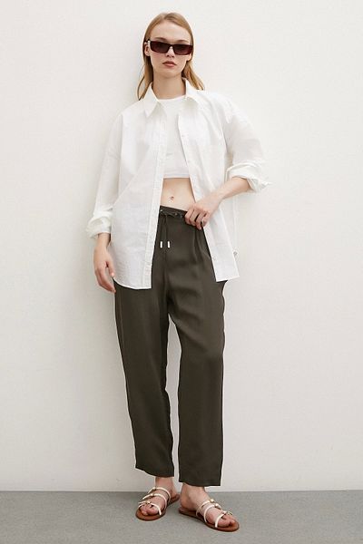 Never more Khaki Colored Pipe Leg, Elastic Waist Trousers