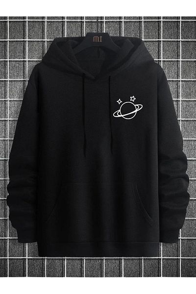 Pink Sky Φούτερ Unisex Oversize με μαύρη κουκούλα καγκουρό με στάμπα Planet