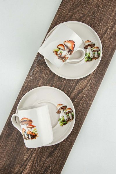 Bursa Porselen Dekor Mushrooms Two Person Porcelain Coffee Cup Set