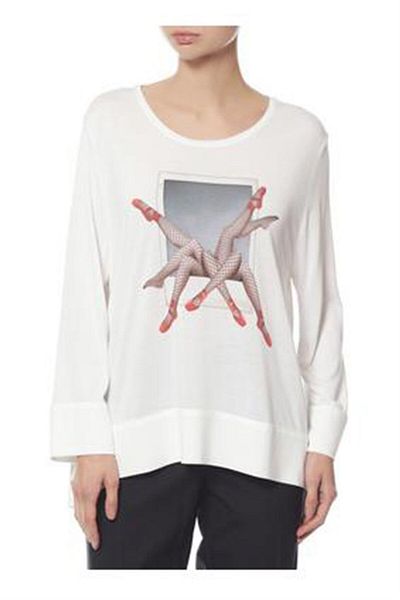 Escada Round Neck Long Sleeve Printed Loose Cut White T-shirt